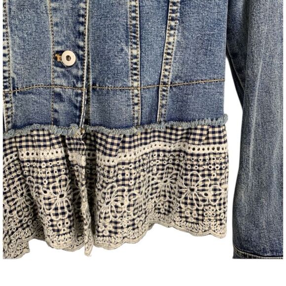 Pilcro Eyelet Ruffle Denim Jacket Size Small Long Sleeve Blue Jean Medium Wash - Picture 5 of 9